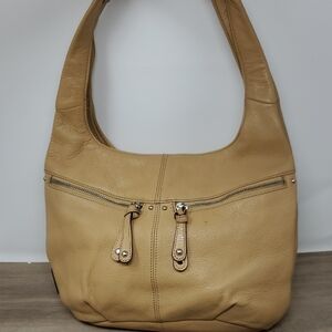 Tignanello Tan Leather Hobo Bag with Curved Strap and Silver Zippers